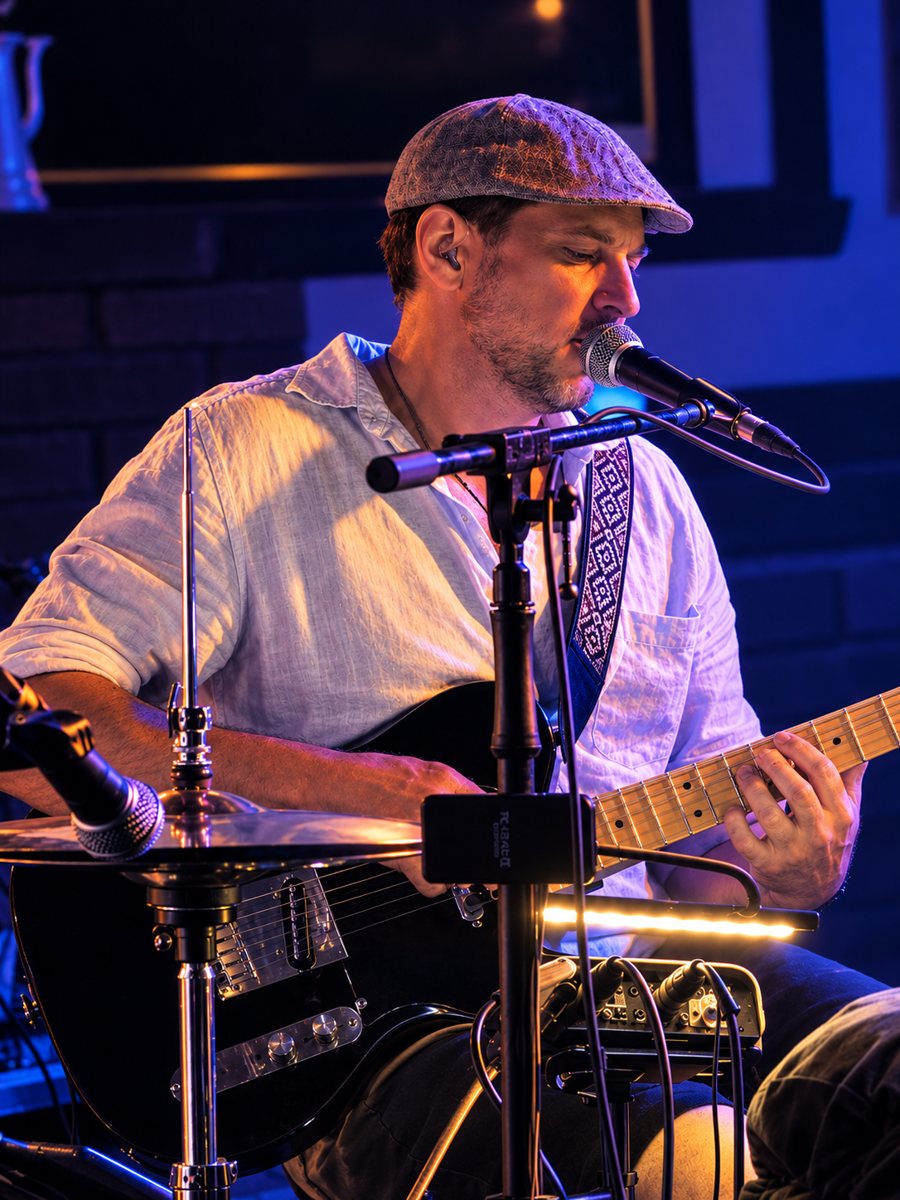 Marco Solo en show : il chante et joue de la guitare, avec la batterie (hi-hat et snare) devant lui