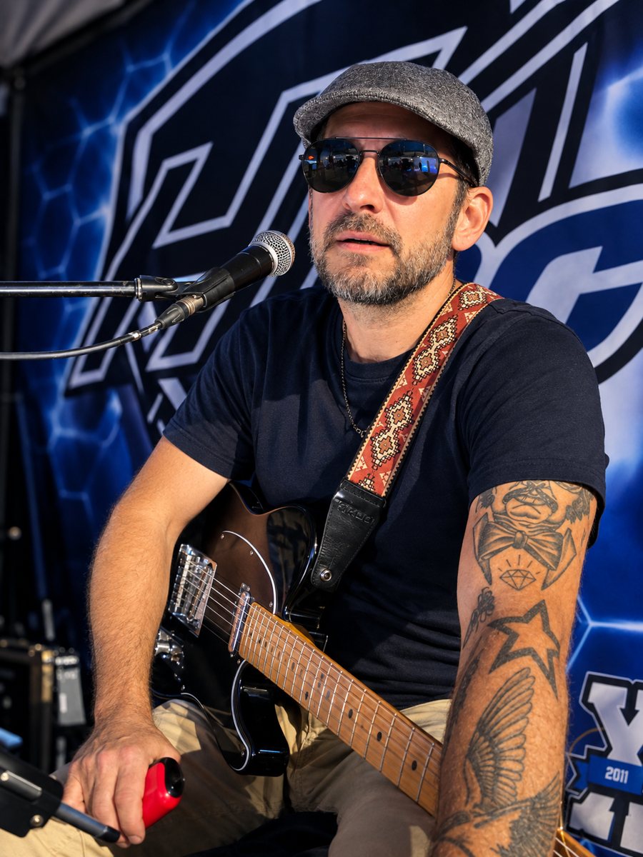 Marco Solo sur scène avec sa guitare électrique, casquette et lunettes fumées